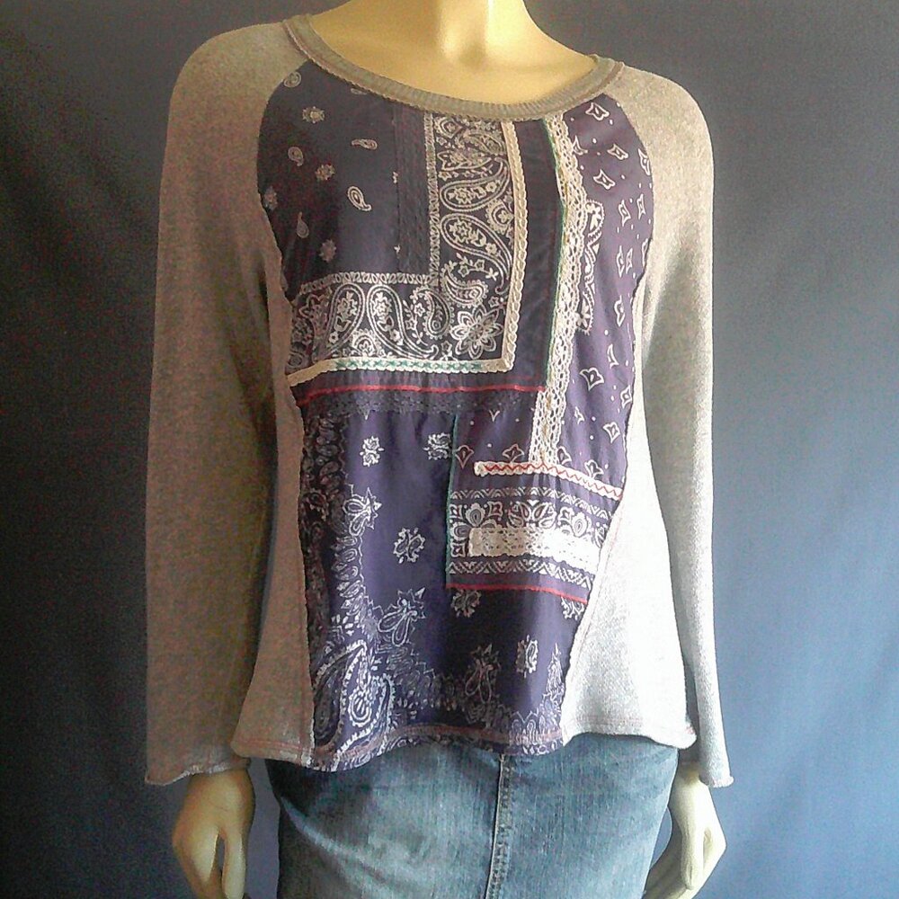 One September Anthropologie Bandana Patchwork Grey Knit Top Sm